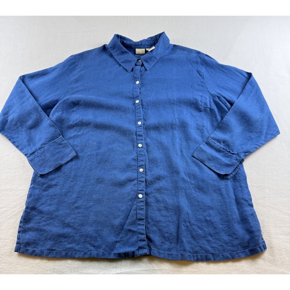 Linden Hill 100% Linen Long Sleeve Shirt Women's Size L Blue Relaxed